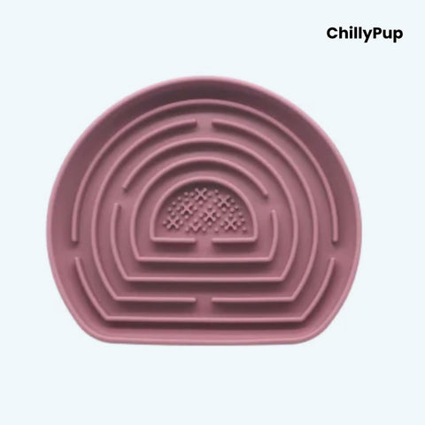 Pink pet bowl with maze design on a light purple background, branded 'ChillyPup'.
