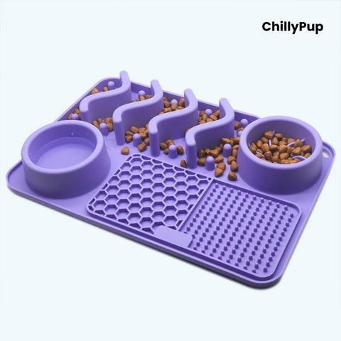 Purple pet feeding mat with two bowls on a light grey background, branded 'ChillyPup'.