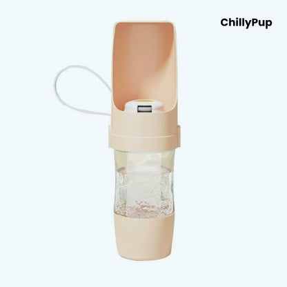 Portable dog water bottle with measurement details on a light background, featuring the brand 'ChillyPup'.