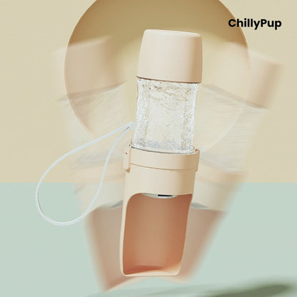 Portable dog water bottle with measurement details on a light background, featuring the brand 'ChillyPup'.