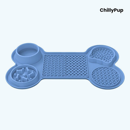 Blue bone-shaped pet mat with multiple compartments on a white background, branded 'ChillyPup'.