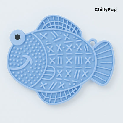 Blue fish-shaped dog lick pad on a white background, branded 'ChillyPup'.