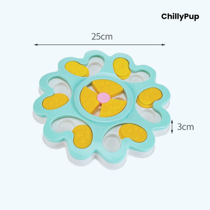 Blue and yellow pet toy sizes with 'ChillyPup' branding on a white background