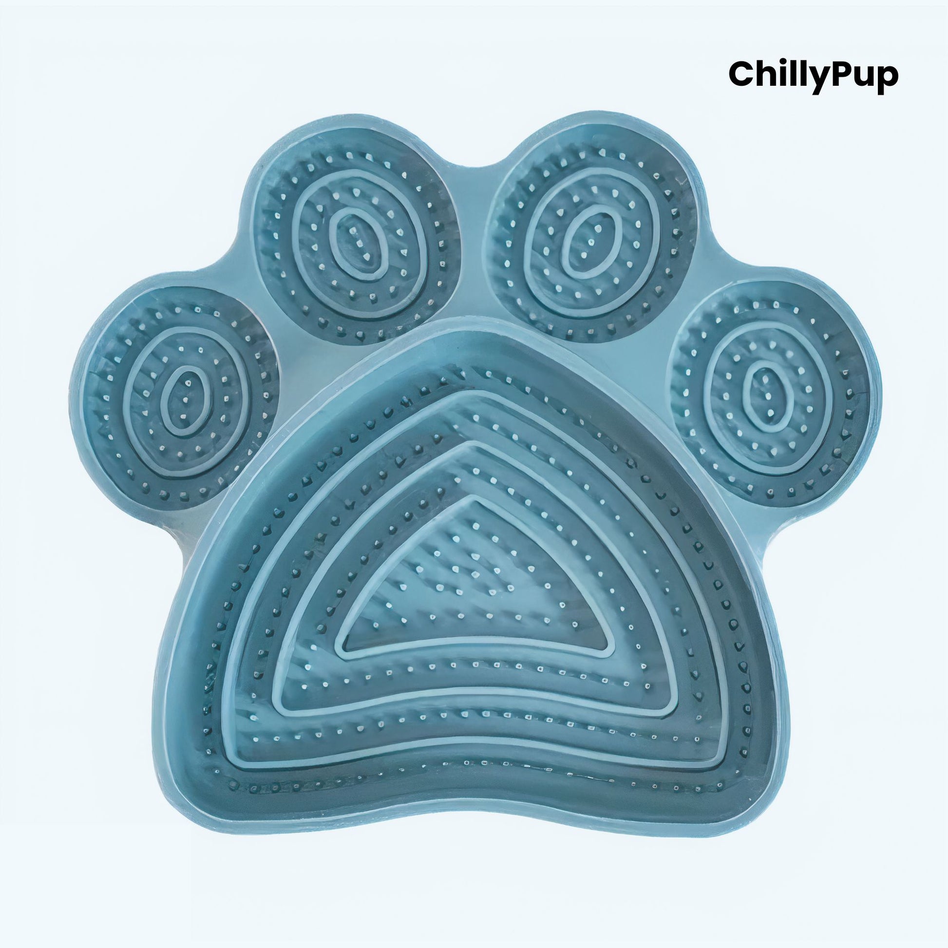 Blue paw-shaped pet lick pad with 'ChillyPup' branding on a white background