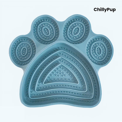 Blue paw-shaped pet lick pad with 'ChillyPup' branding on a white background