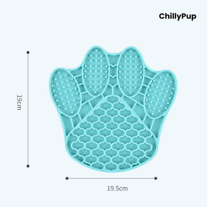 Teal paw-shaped silicone mat with textured surface sizes on a light blue background, branded 'ChillyPup'.