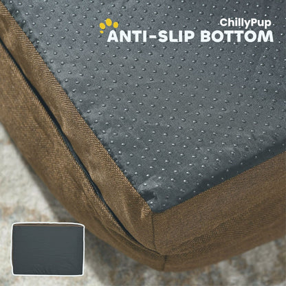 Dog bed with anti-slip bottom and ChillyPup branding on a textured surface.