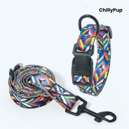 Colourful dog Lead and collar set with geometric pattern on a white background, branded 'ChillyPup'.