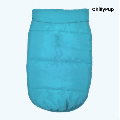 Blue dog coat with 'ChillyPup' branding on a white background
