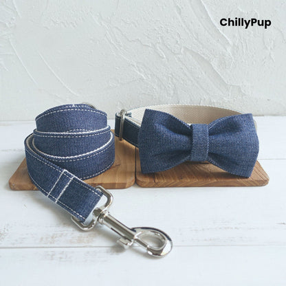Denim Bow Tie Dog Collar & Lead Set on a white background with Chillypup branding