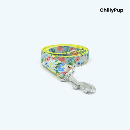 Floral dog collar and lead set with 'ChillyPup' branding on a white background