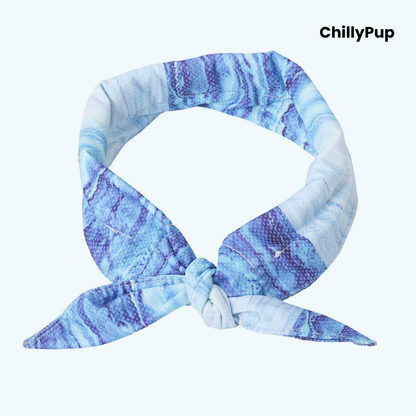 Blue and white patterned bandana with 'ChillyPup' branding on a white background