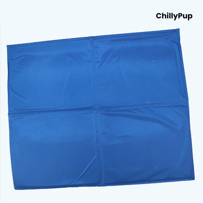 Blue dog cool mat with ChillyPup Branding.