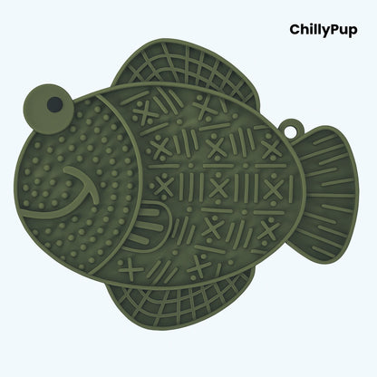 Green fish-shaped dog lick pad on a white background, branded 'ChillyPup'.