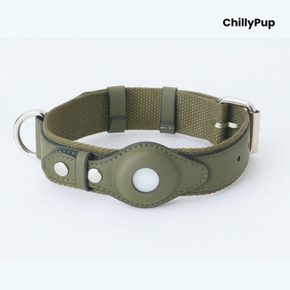 Green AirTag dog collar with a metallic clasp on a white background, branded 'ChillyPup'.