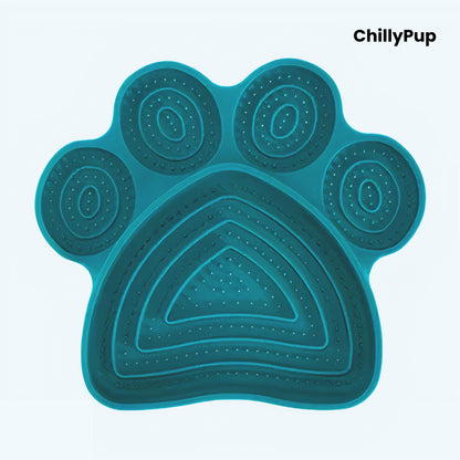 Dark Blue paw-shaped pet lick pad with 'ChillyPup' branding on a white background