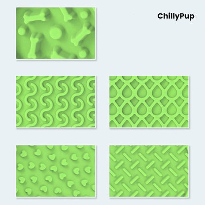 Set of green silicone mats with various patterns on a light blue background, branded 'ChillyPup'