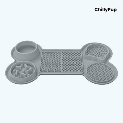 Grey bone-shaped pet mat with multiple compartments on a white background, branded 'ChillyPup'.