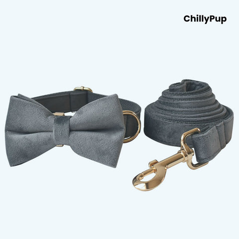 Grey dog collar with bow tie and matching lead on a white background, branded 'ChillyPup'.