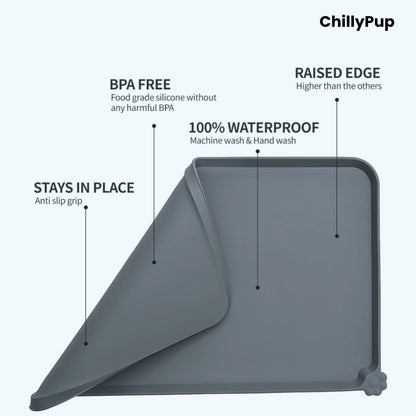 Grey pet bowl with features highlighted on a white background, branded 'ChillyPup'.