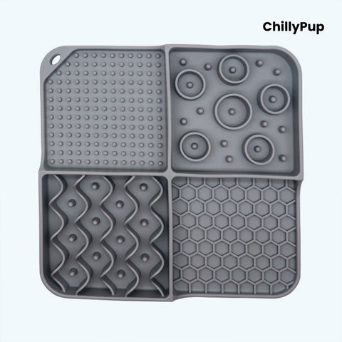Grey silicone mat with various textured patterns on a white background, branded 'ChillyPup'.