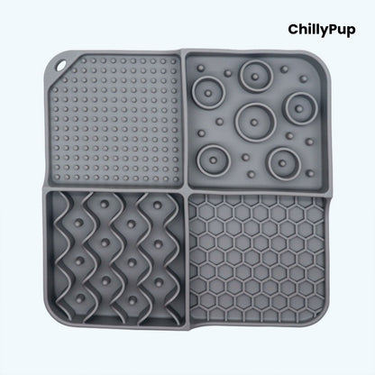 Grey silicone mat with various textured patterns on a white background, branded 'ChillyPup'.