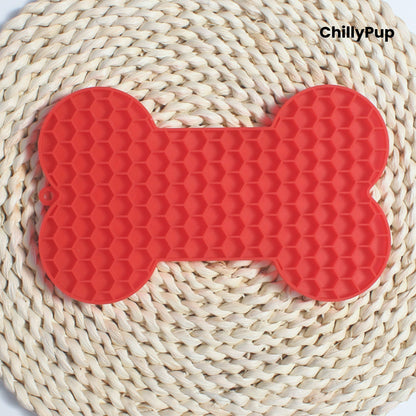 Bone shaped lick mat with ChillyPup branding. 