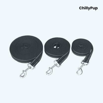 Three black dog training Leads with metal hooks on a white background, branded 'ChillyPup'.