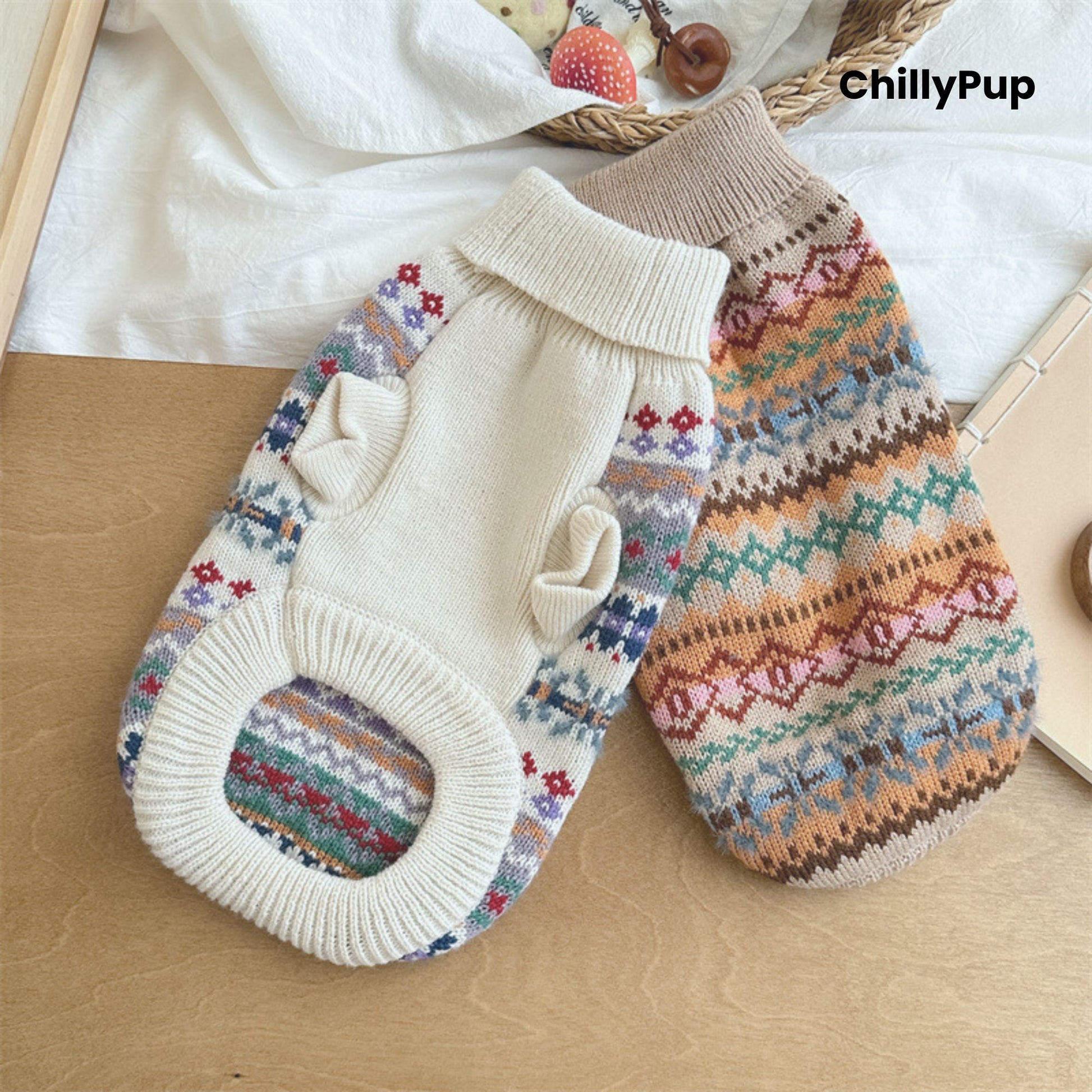 Knitted dog jumper with colourful pattern on a white surface, brand 'ChillyPup' visible.