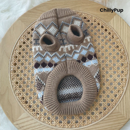 Patterned dog sweater on a wooden surface with 'ChillyPup' branding.