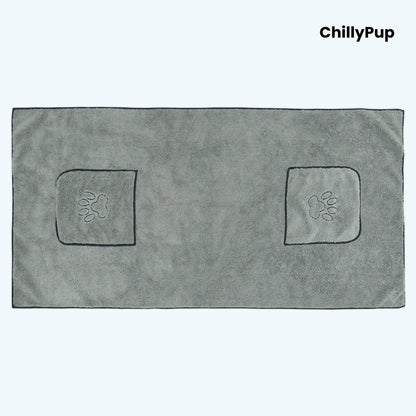 Gray towel with paw prints and measurements, branded 'ChillyPup'.