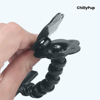Black flexible tripod arm with clamp held by a hand, branded 'ChillyPup'.