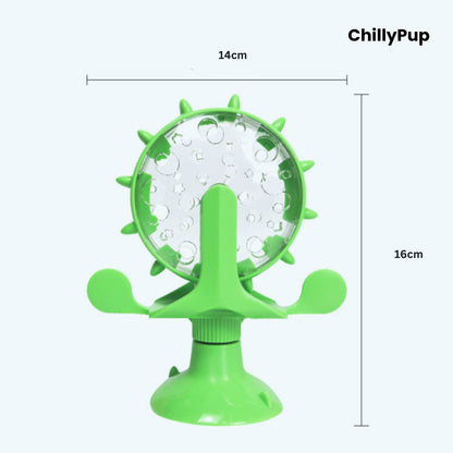 Green pet toy with measurements on a white background, branded 'ChillyPup'.