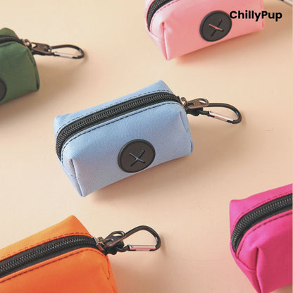 5 Poo Bag Holder with black zipper and carabiner on a beige background, featuring the brand 'ChillyPup'.