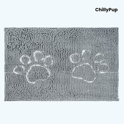 Grey doormat with paw prints and 'ChillyPup' branding on a white background