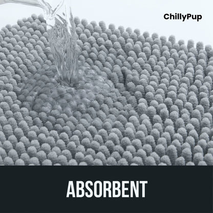 Close-up of a textured surface with water droplets, labelled 'ChillyPup' and 'Absorbent'.