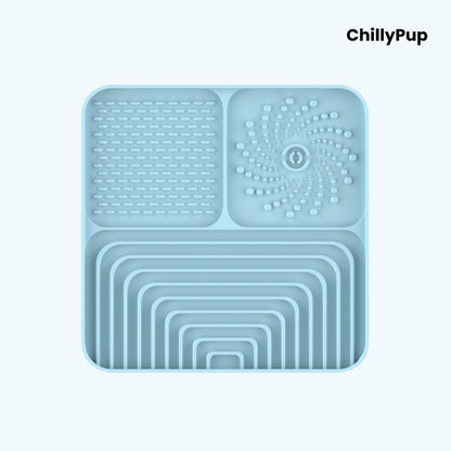 Silicone Lick mat with textured sections on a white background, branded 'ChillyPup'.