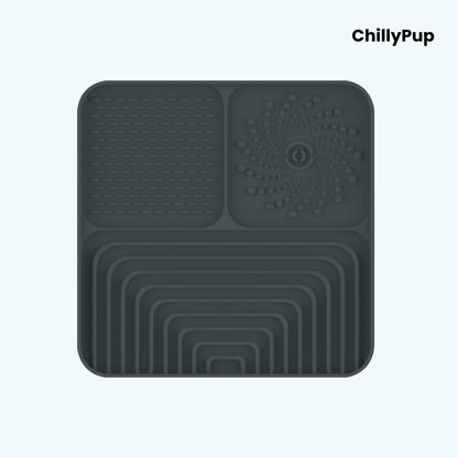 Silicone Lick mat with textured sections on a white background, branded 'ChillyPup'.