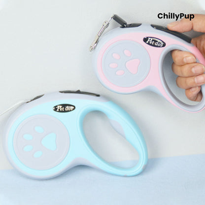 Retractable dog Leads with pink and grey design featuring a paw print, branded 'ChillyPup'.