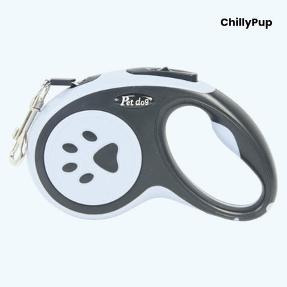 Retractable dog Lead with black and grey design featuring a paw print, branded 'ChillyPup'.