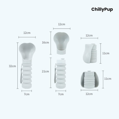 Measurement chart of a ChillyPup foldable silicone water bowl showing various dimensions on a white background.
