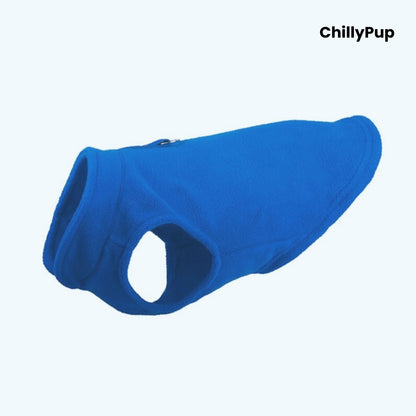 Blue dog coat with 'ChillyPup' branding on a white background