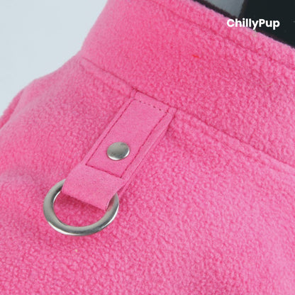 Pink dog coat with 'ChillyPup' branding on a white background