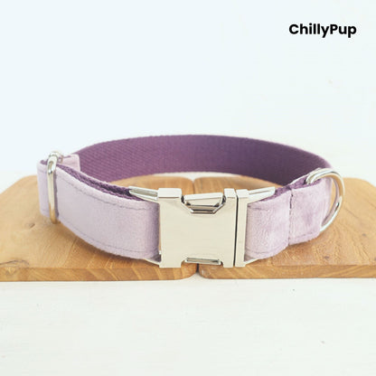 Lavender dog collar on a wooden board with 'ChillyPup' branding.