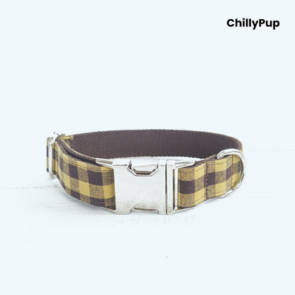 Yellow Check Collar, Lead & Bow Set with metal clip on a textured white background, branded 'ChillyPup'.