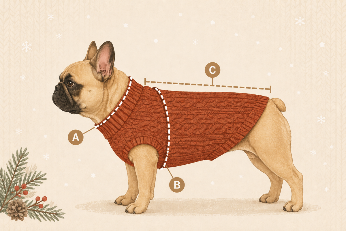 A French bulldog wearing a rust-red cable-knit sweater, shown on a beige illustrated background with measurement callouts labeled A, B, and C indicating neck, body, and back length.